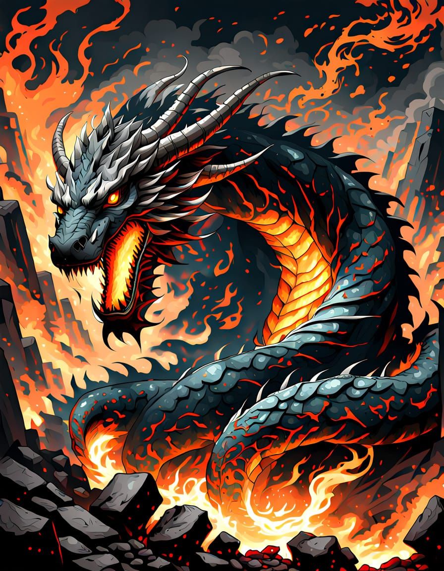 Ashcoil Wyrm Emerges From Fiery Pit in Anime Style