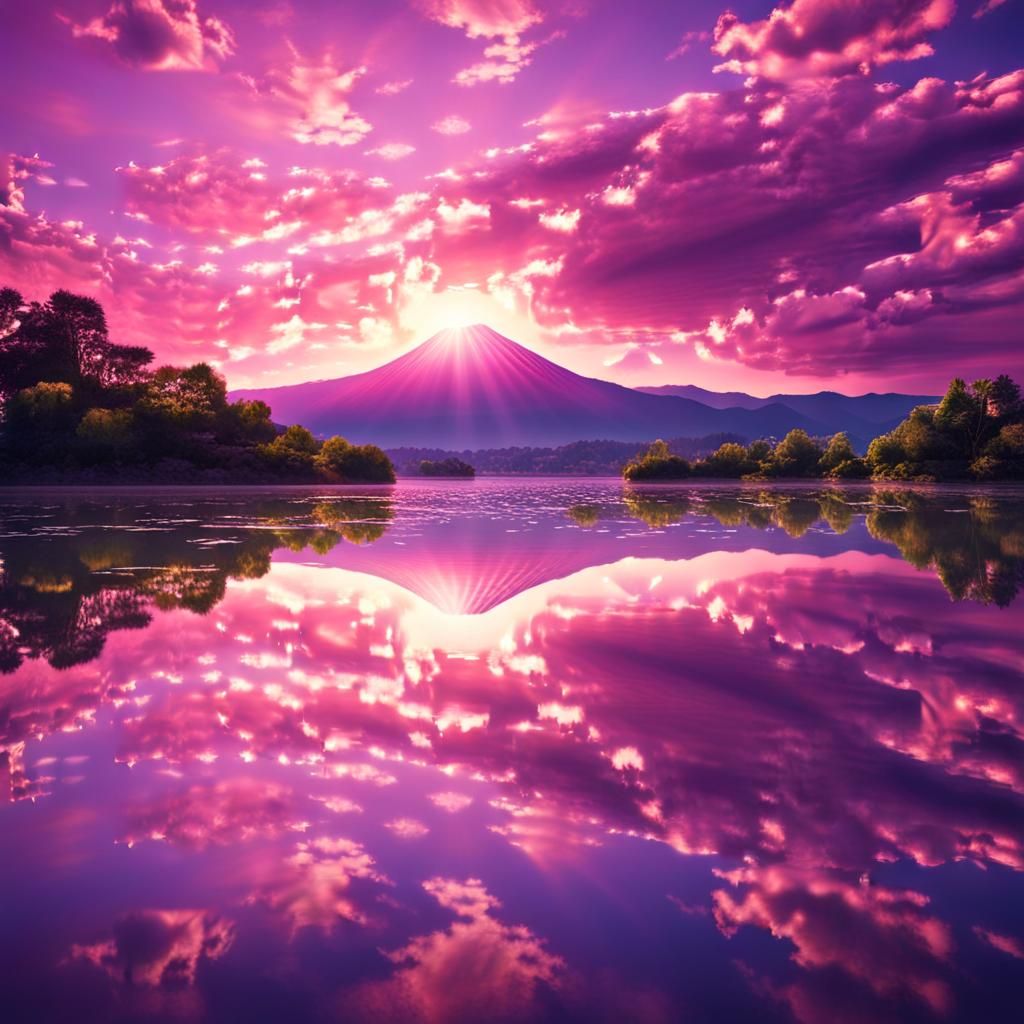 Japanese Sunset with Pink Sky and Water Reflections