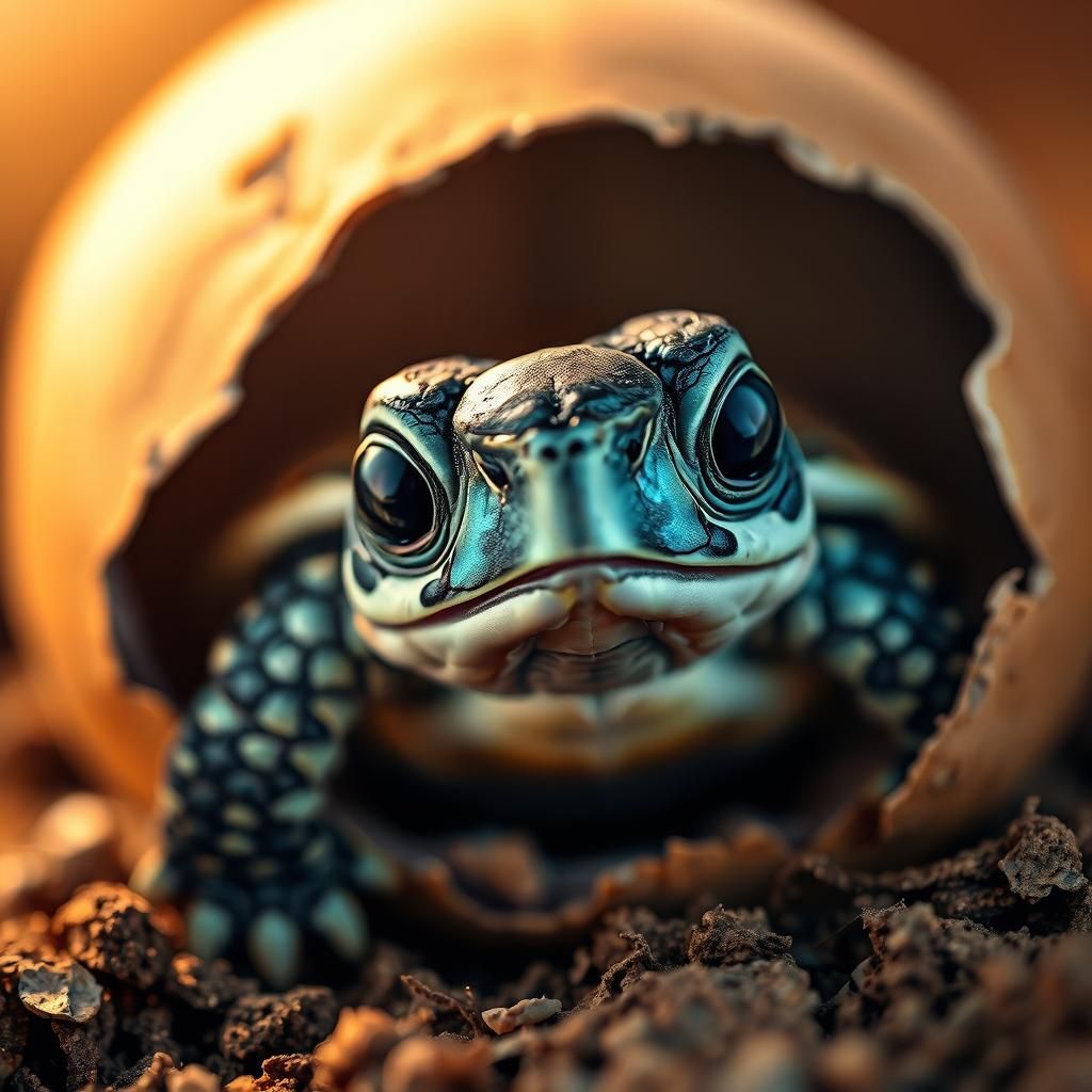 Baby Turtle Emerges in Iridescent Light