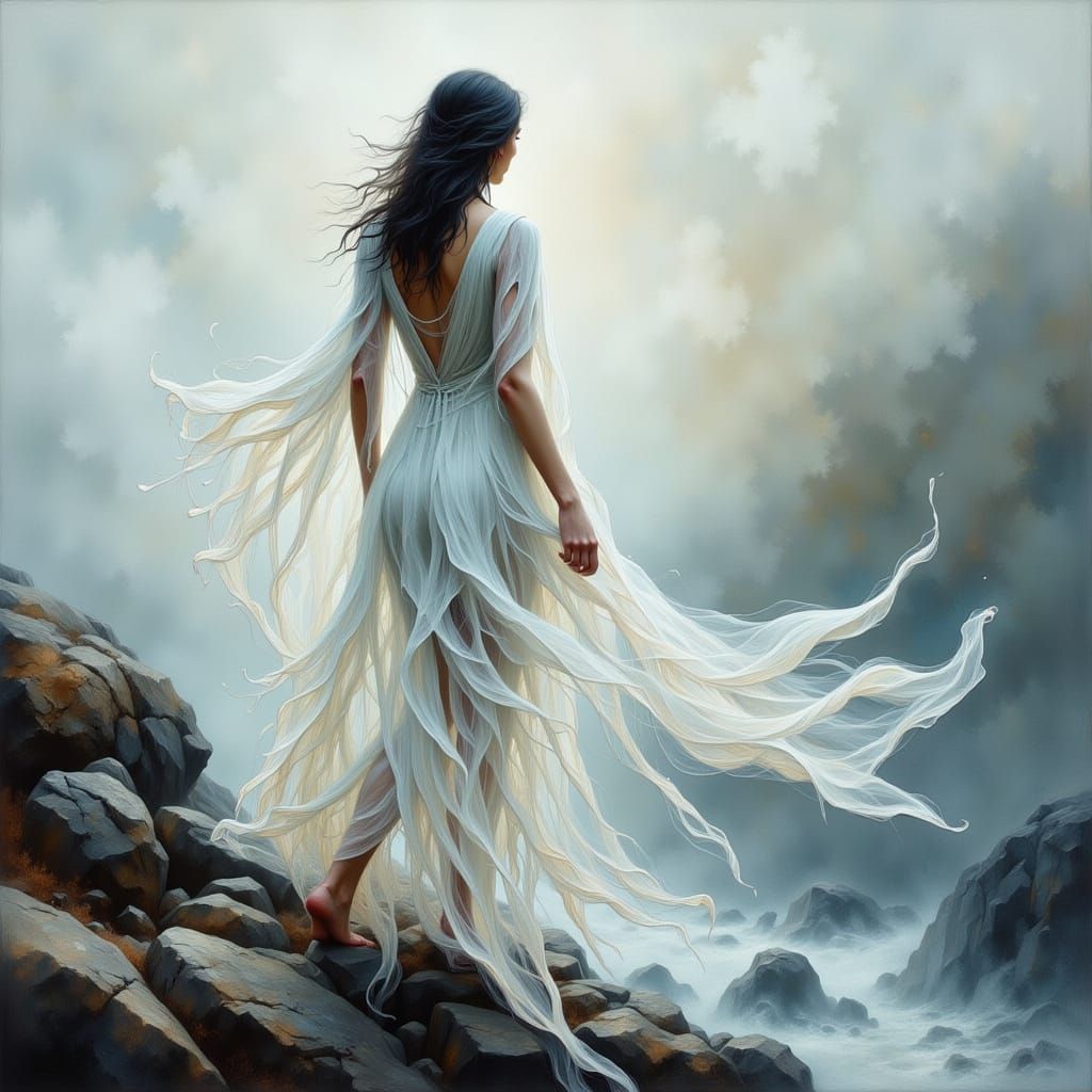 Dreamy Woman on Coastline in Flowing Style