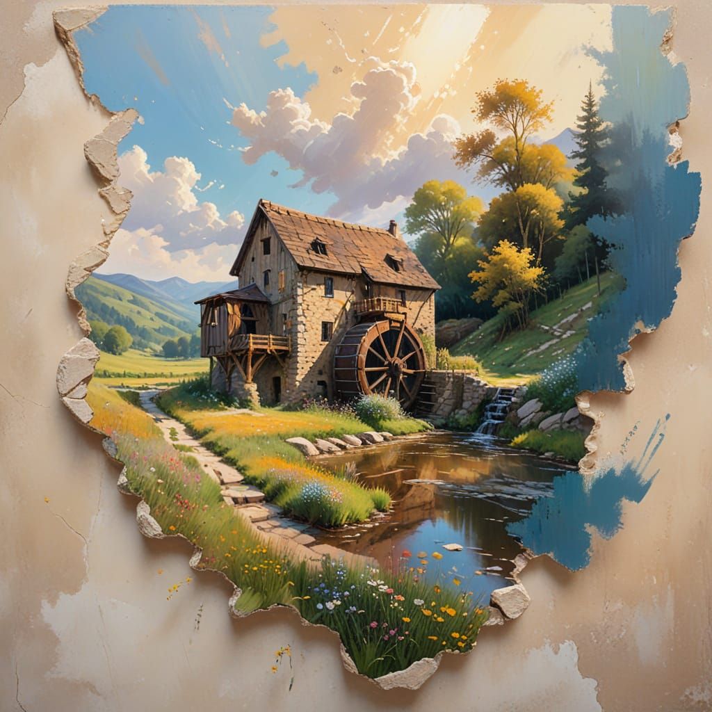 Idyllic Watermill in Sunlit Valley: Impressionist Painting