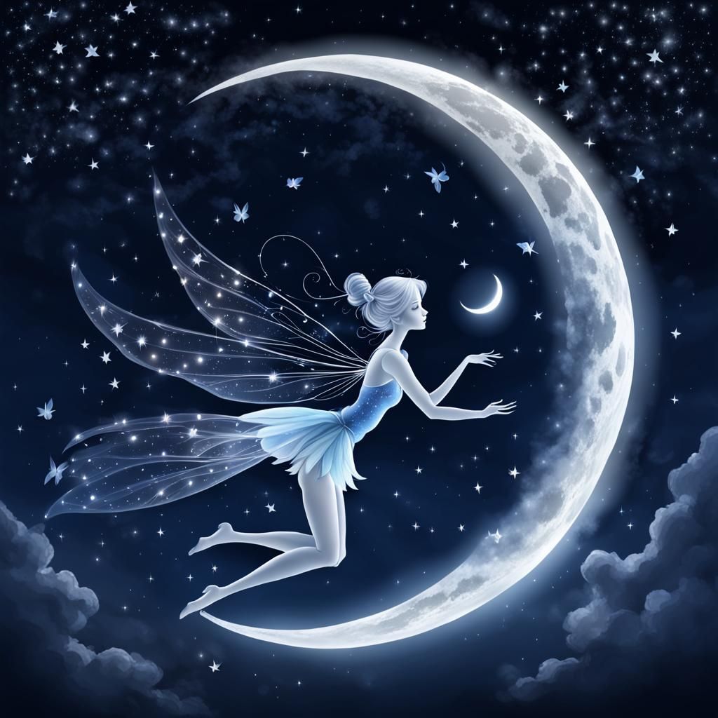 Moon with Fairy Wings in Night Sky