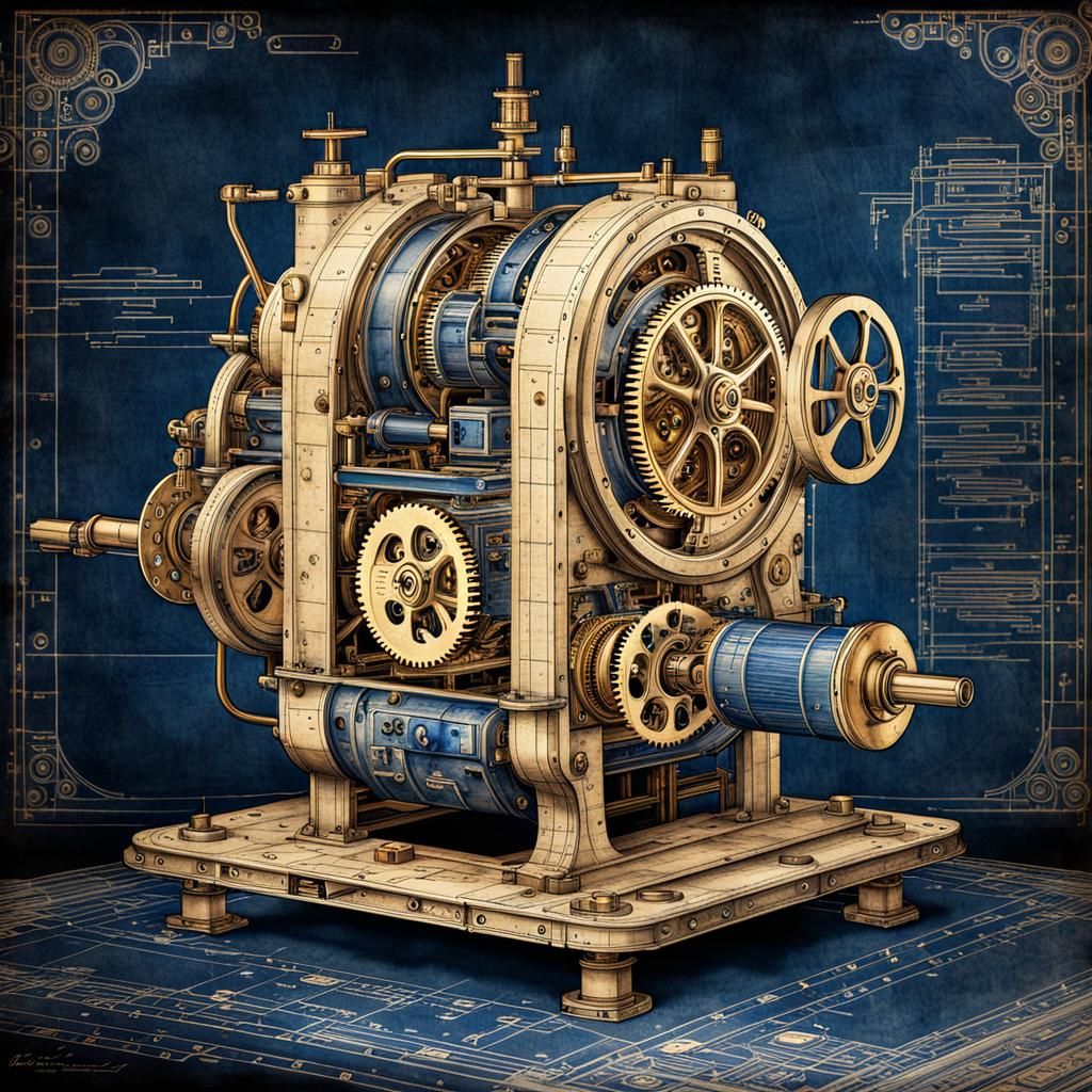 Epic Mechanical Computing Machine Blueprint on Weathered Par...