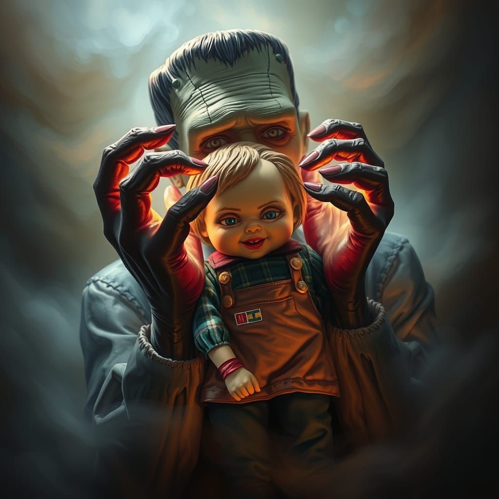Frankenstein's Monster with Chucky Doll in Dreamlike Fantasy