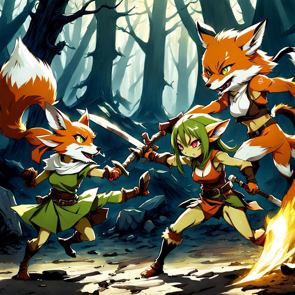Goblin Girl Battles a Fox in Anime Style
