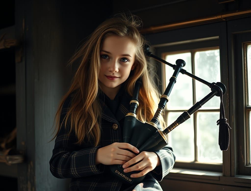 Young Grunge Girl Plays Bagpipes in Moody Scottish Landscape