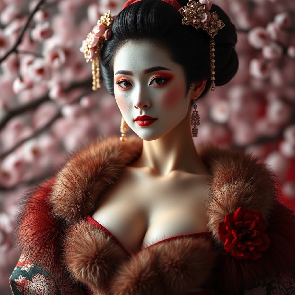 Elegant Geisha Portrait with Fur Kimono