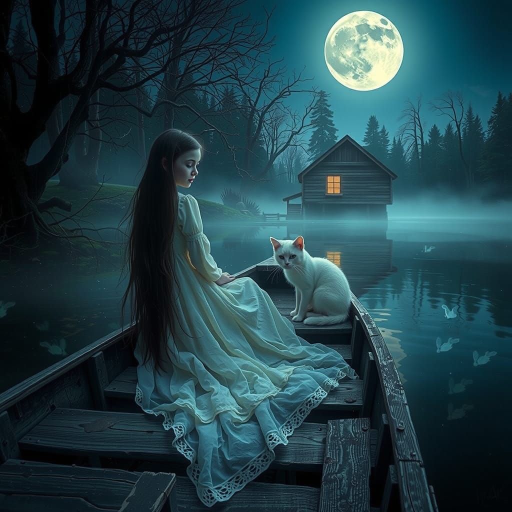 Girl Sits Beside Ghostly Kitten on Serene Lake