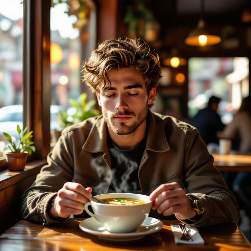 Cozy Cafe: Young Man Savoring Pho, Hyperrealistic Style