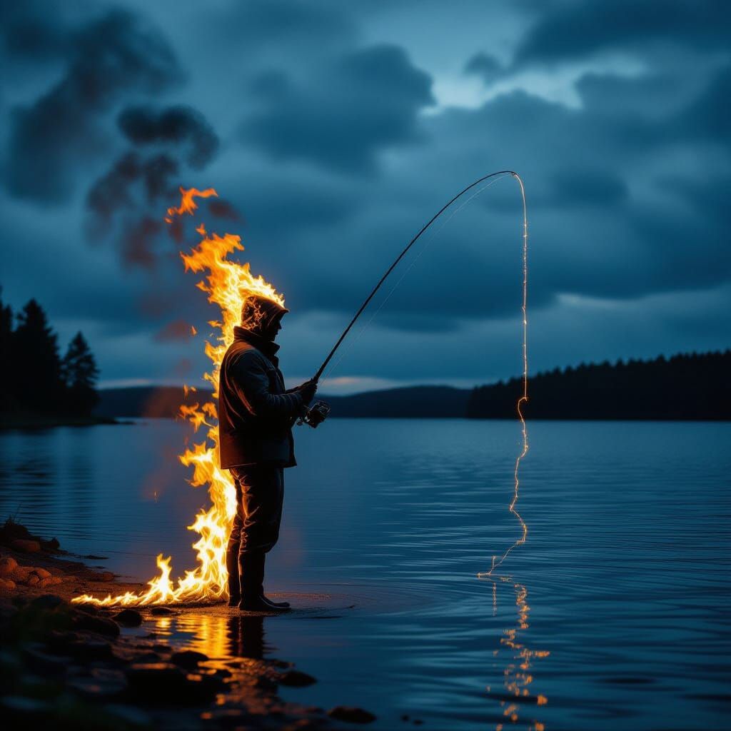 Fiery Figure Fishing by Lake in Cinematic Style