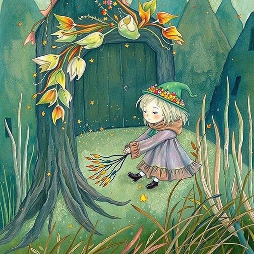 Autumnal Woman Embraces Charming House in Surreal Scene