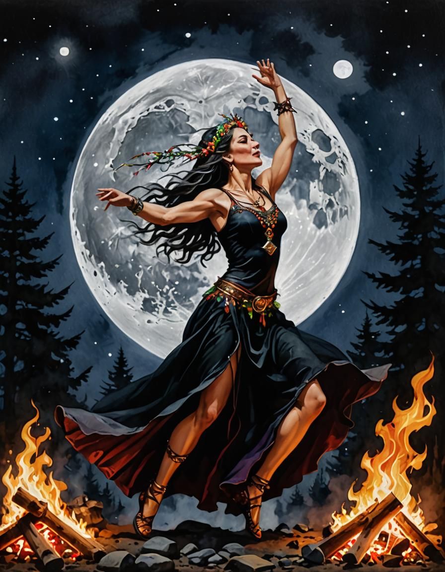 Gothic Latina Pinup with Rainbow Crystals in Watercolour