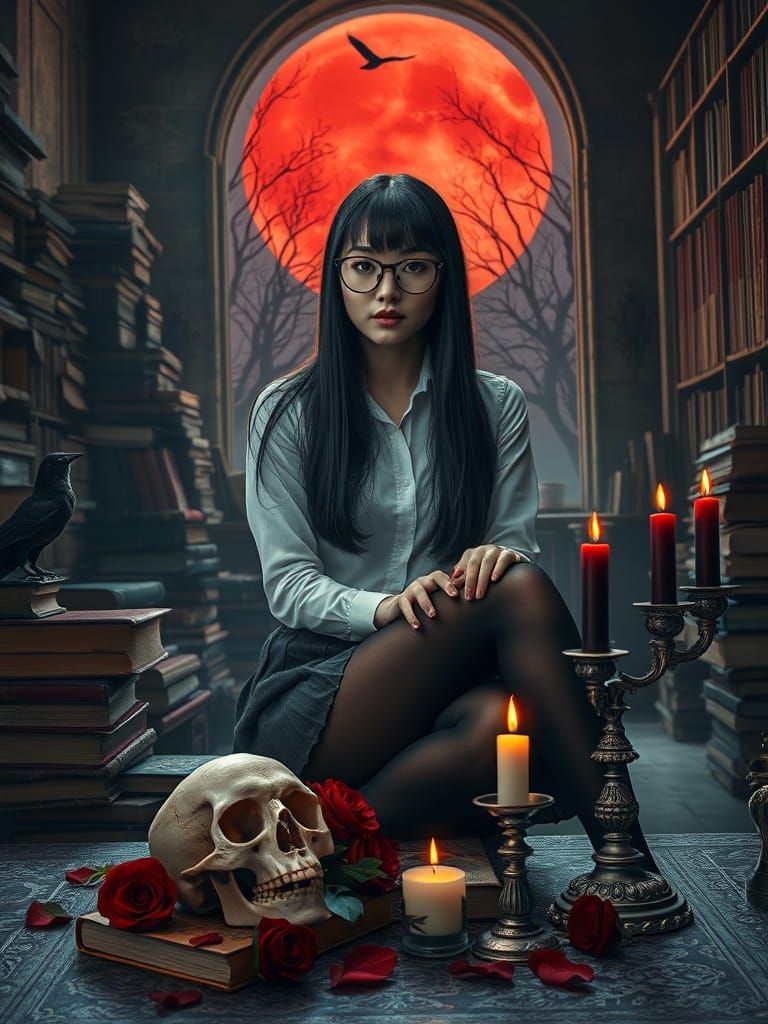 Gothic Blood Moon Library Scene with Mysterious Scholar