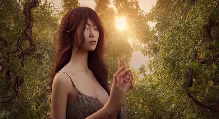 Sunset Woman in Glass Forest, Digital Art