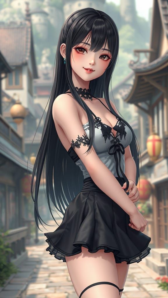 Anime Woman in Fantasy Town, 3D Render