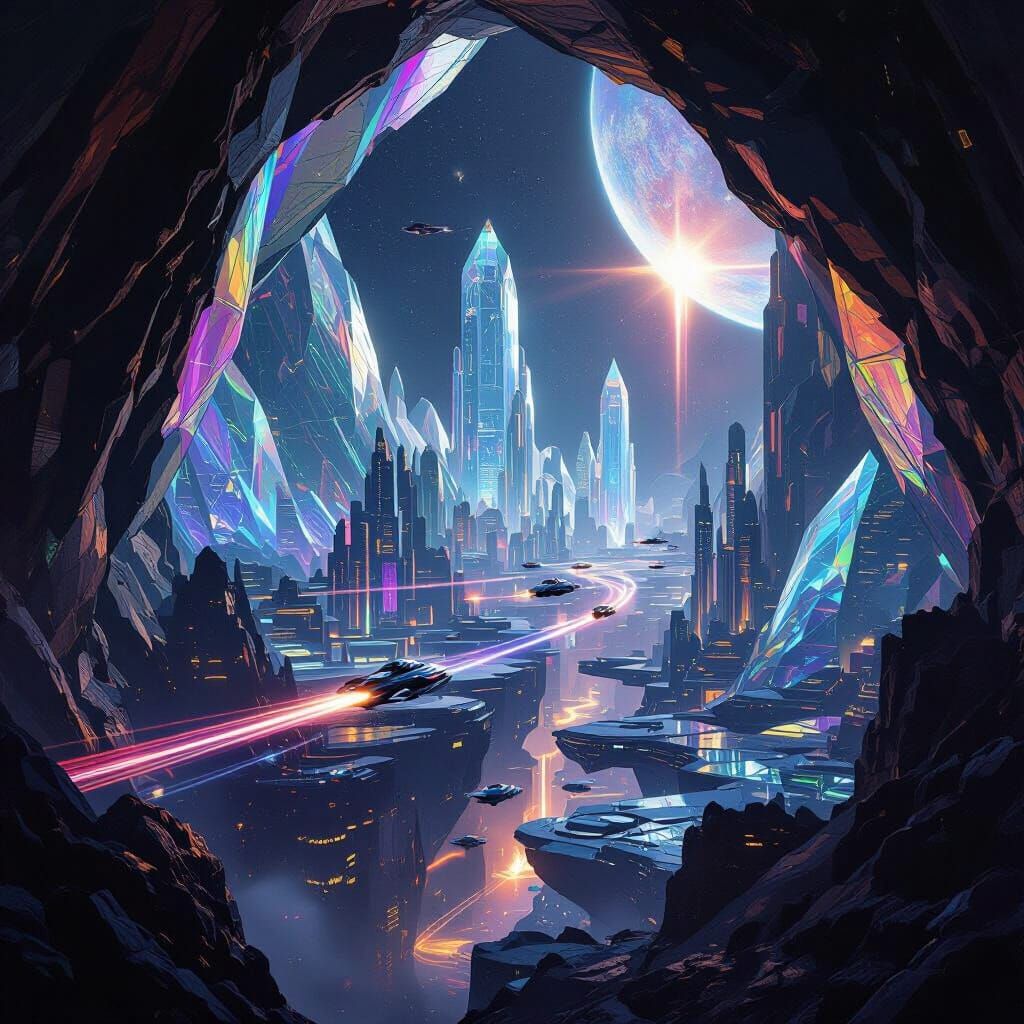Futuristic City Inside Geode Under Binary Stars