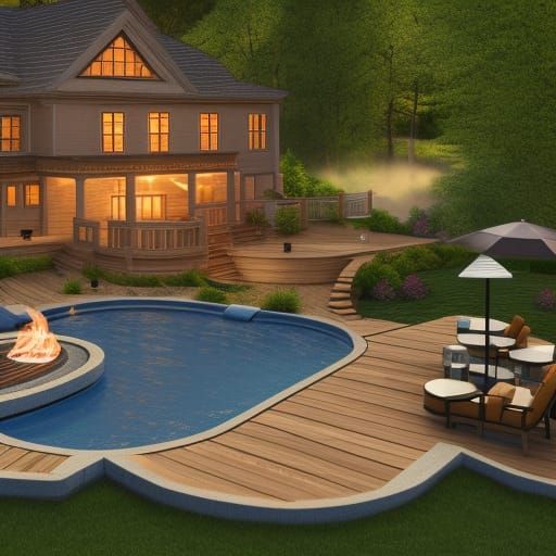 Hyperrealistic Deck with Hot Tub and Fire Pit