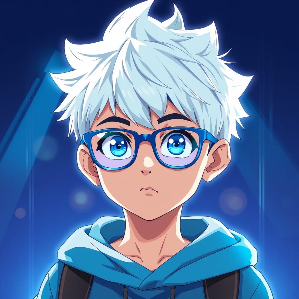 Anime Boy with White Hair and Blue Glasses