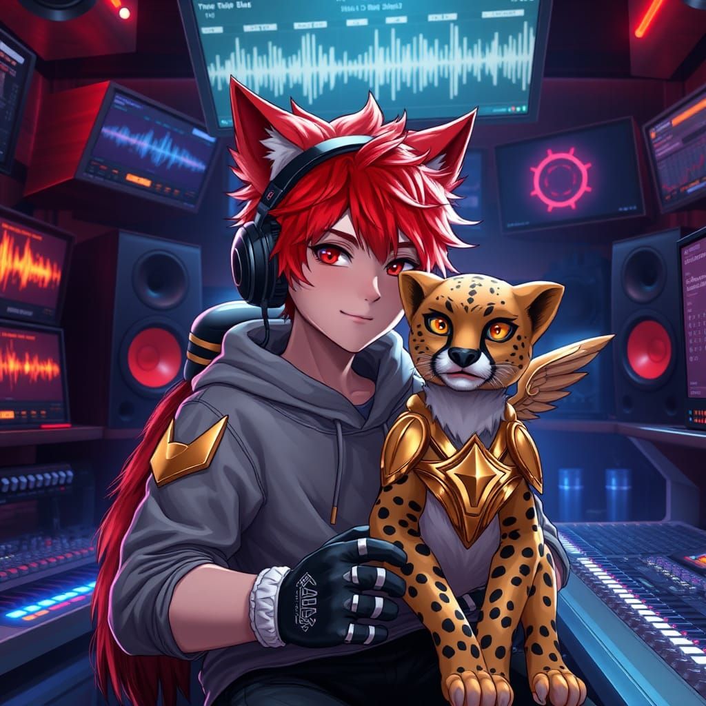 Boy with Wolf Ears in Music Studio, Anime Art