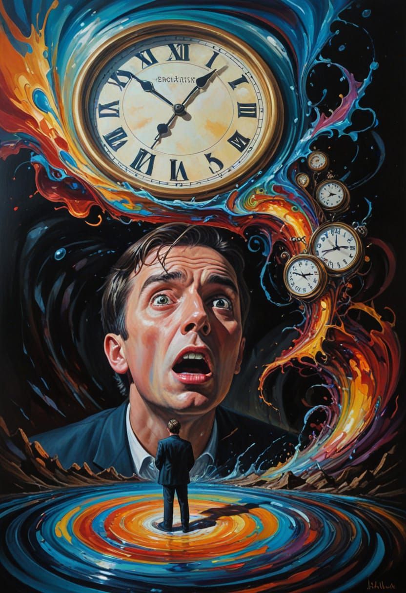 Surrealist Oil Painting of Surprise with Melting Clocks