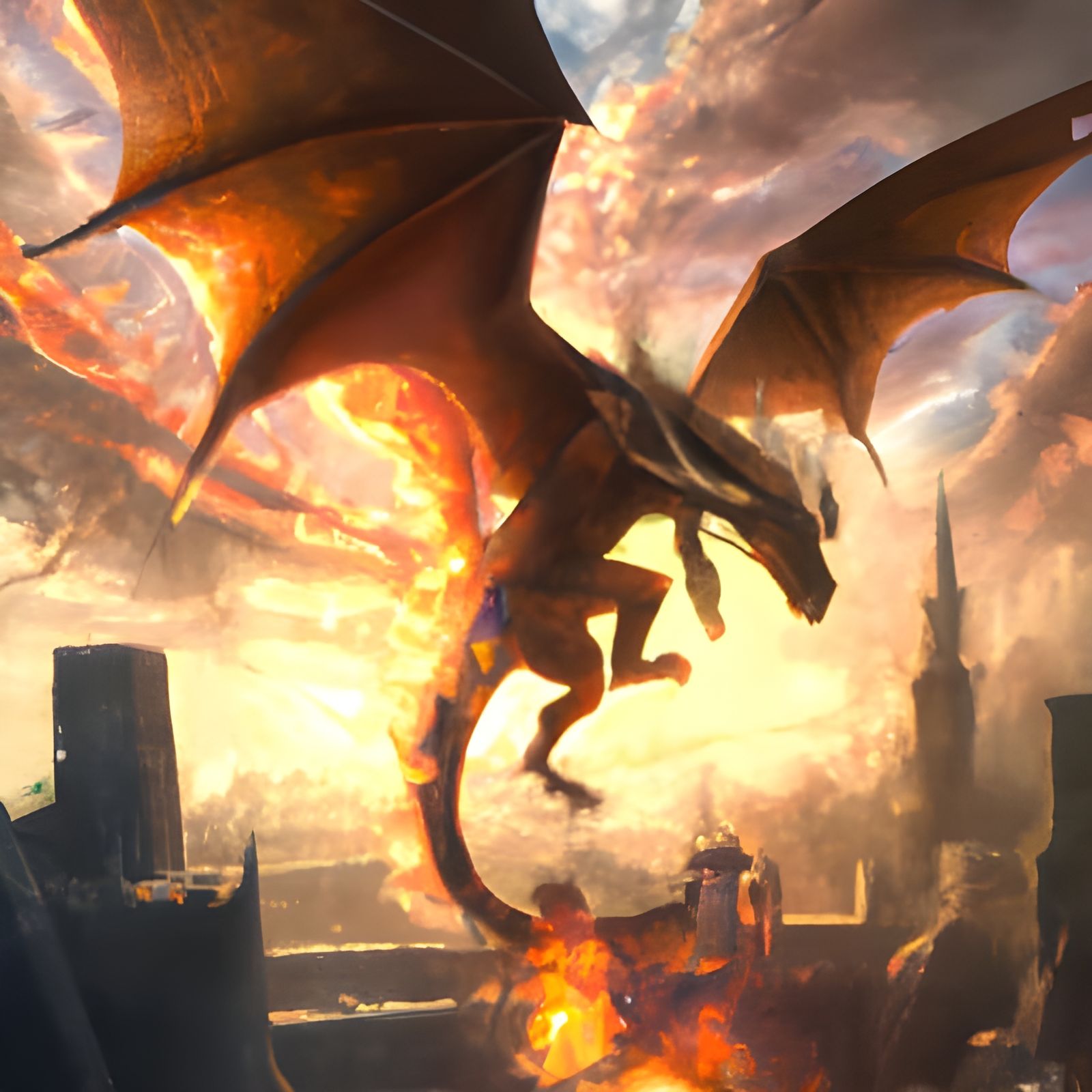 Dragon Flying Over Burning City: Epic Digital Painting