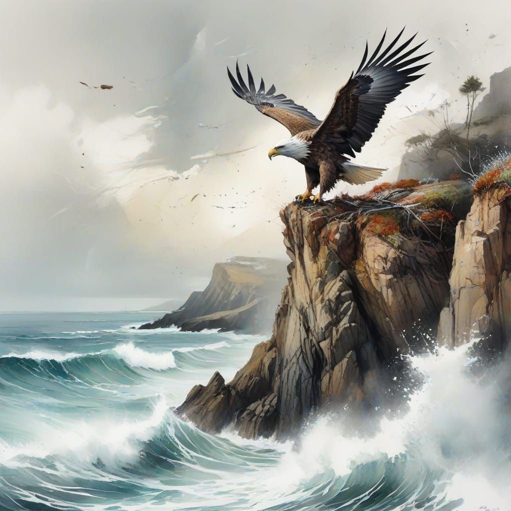 Ethereal Coastal Scene with Soaring Eagle in Watercolour Sty...