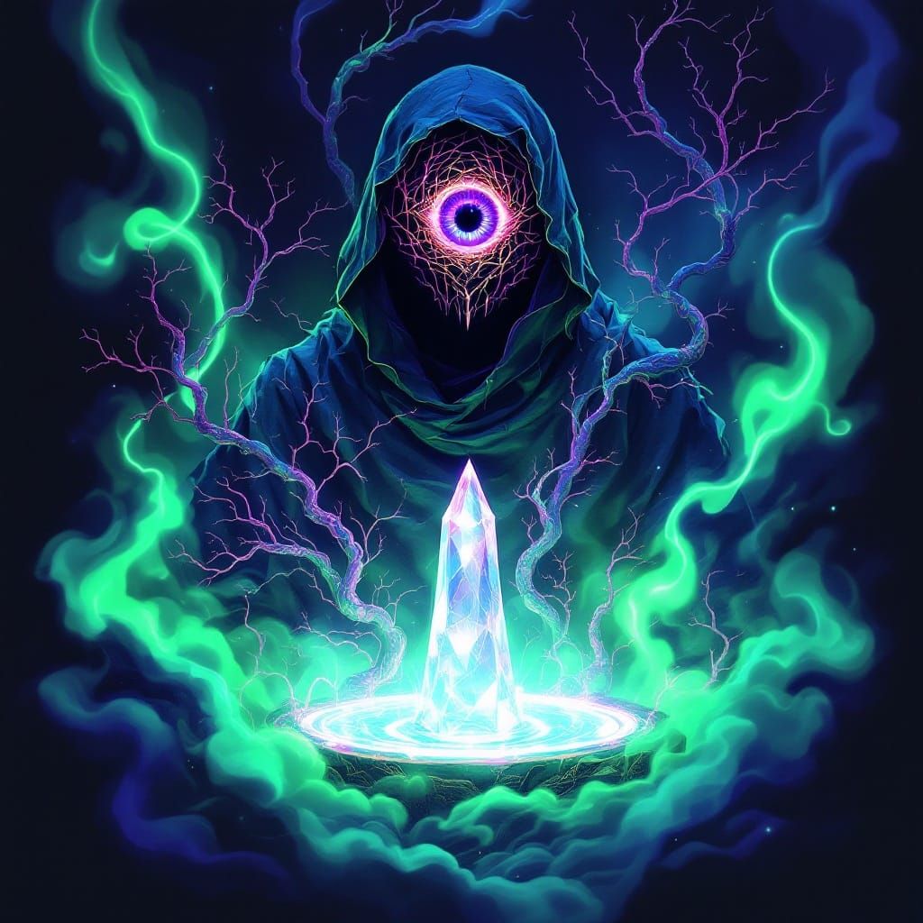 Surreal Sci-Fi Scene with Radiant Vines and Crystal Spire