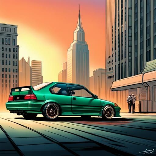 Green 1990 Honda Civic Si in Comic Book Art