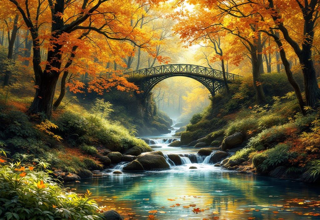 Victorian Bridge in Autumn Forest, Impressionist Style