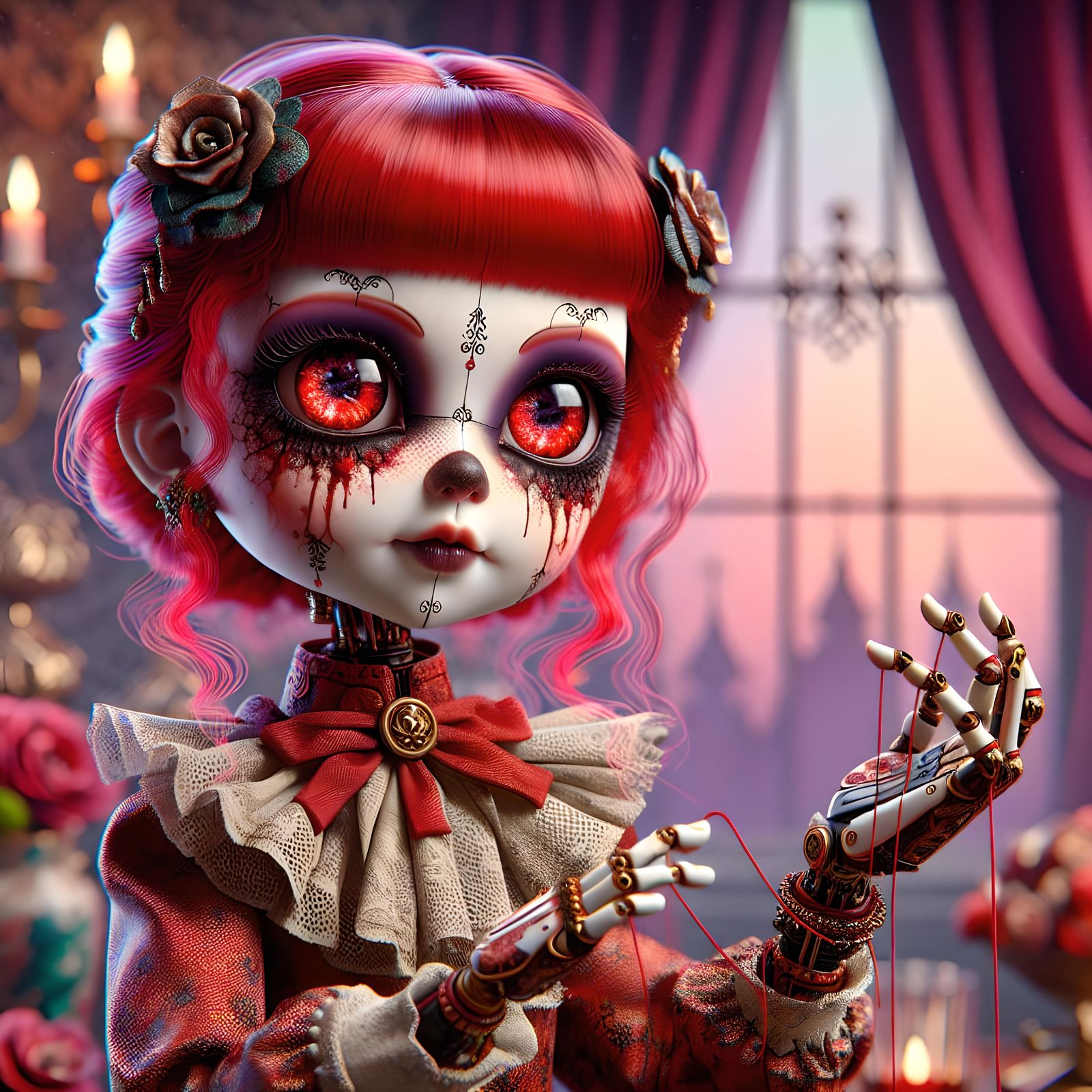 Gothic Porcelain Doll Marionette in Victorian Setting