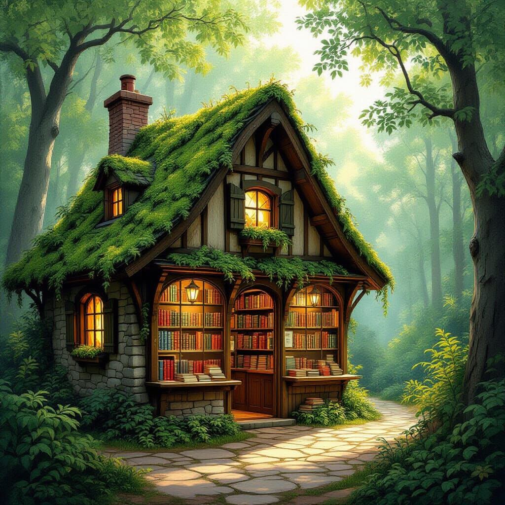 Rustic Bookstore in Sun-Dappled Forest Clearing