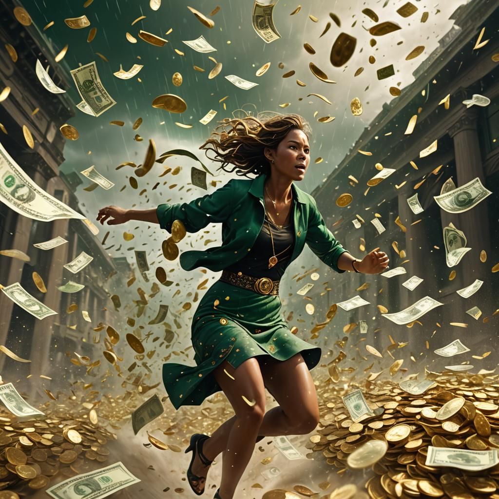 Woman Chasing Money in Mystical Storm