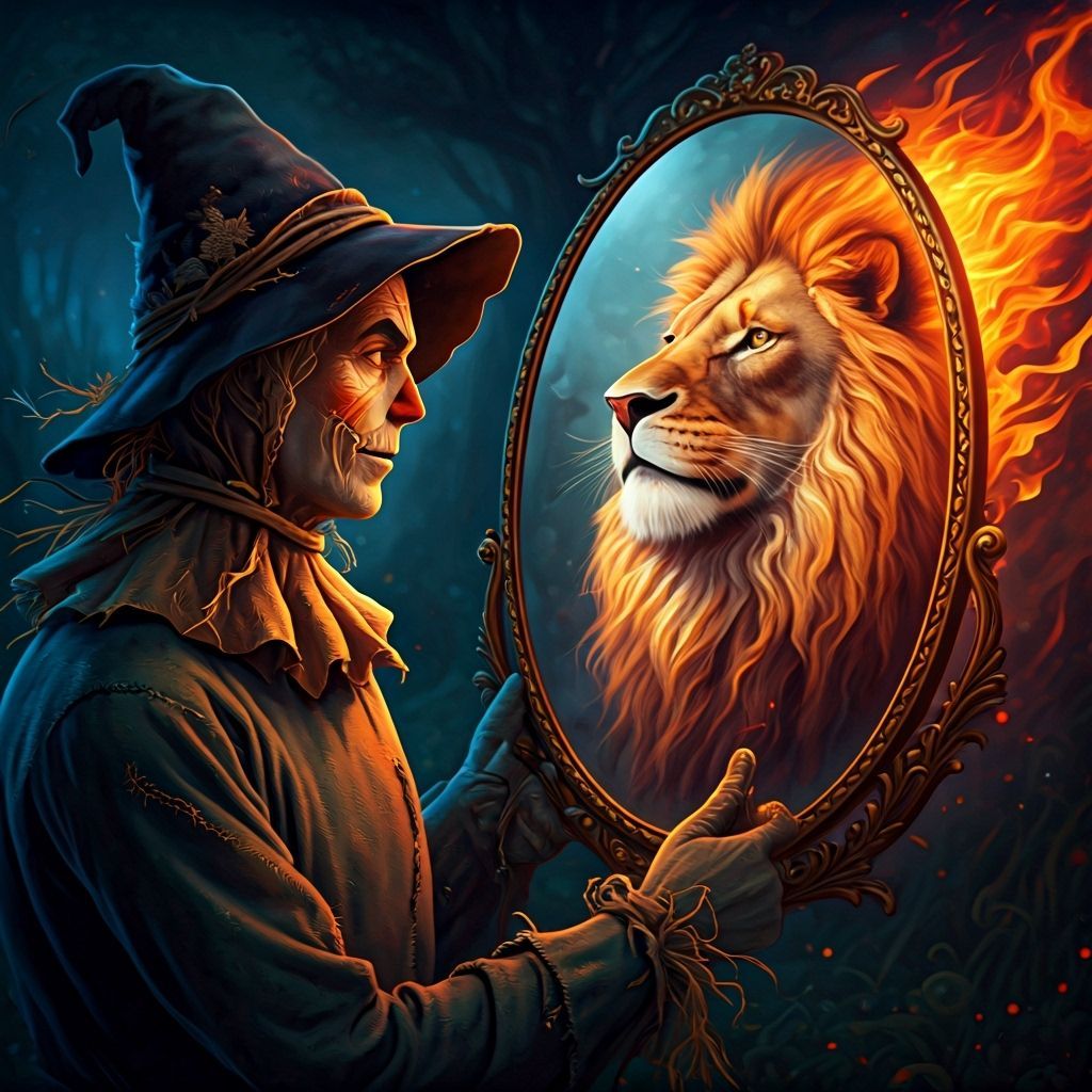 Scarecrow's Reflection: Lion Spirit in Dual-Image Compositio...