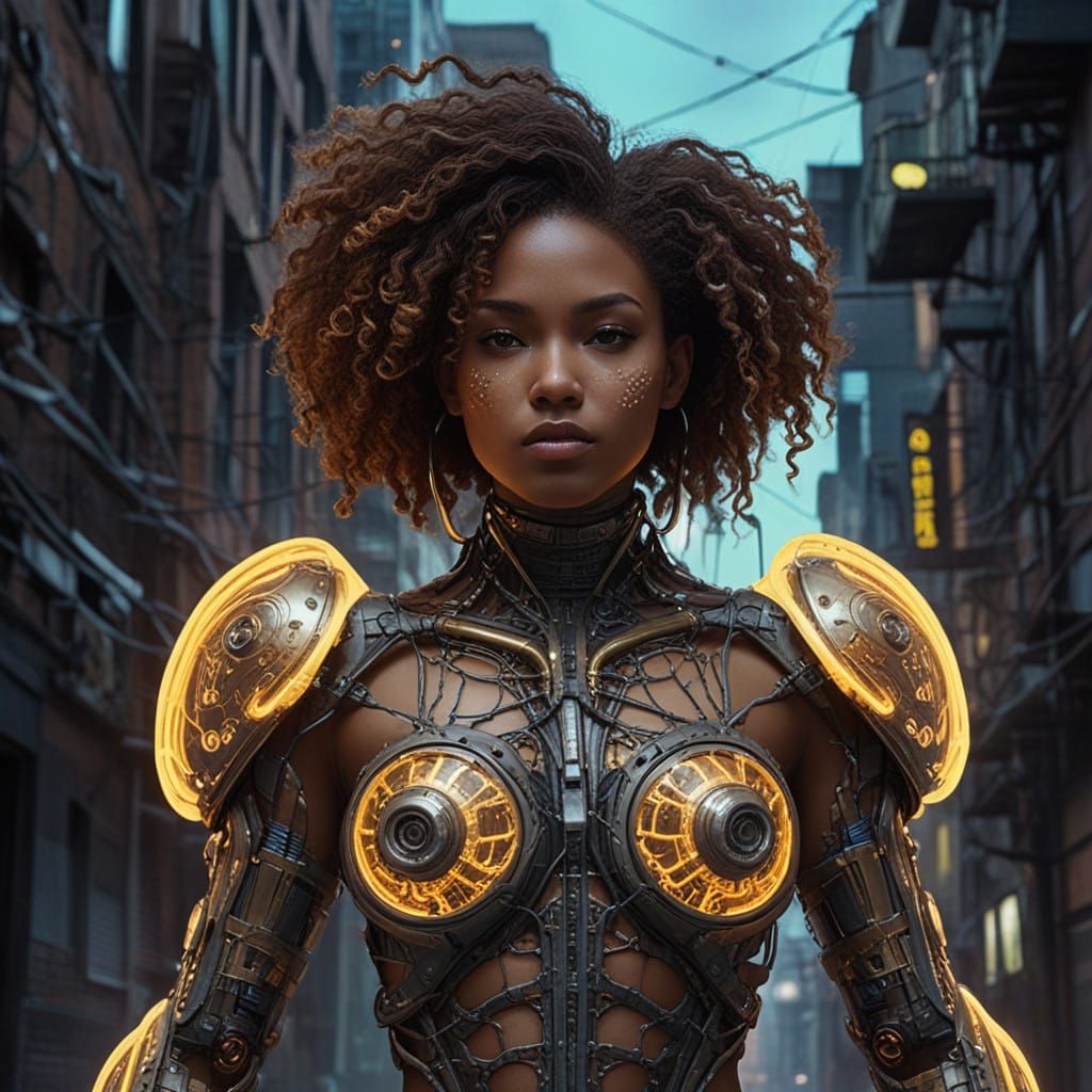 Full-Figured Afrofuturistic Woman in Cyberpunk Exosuit