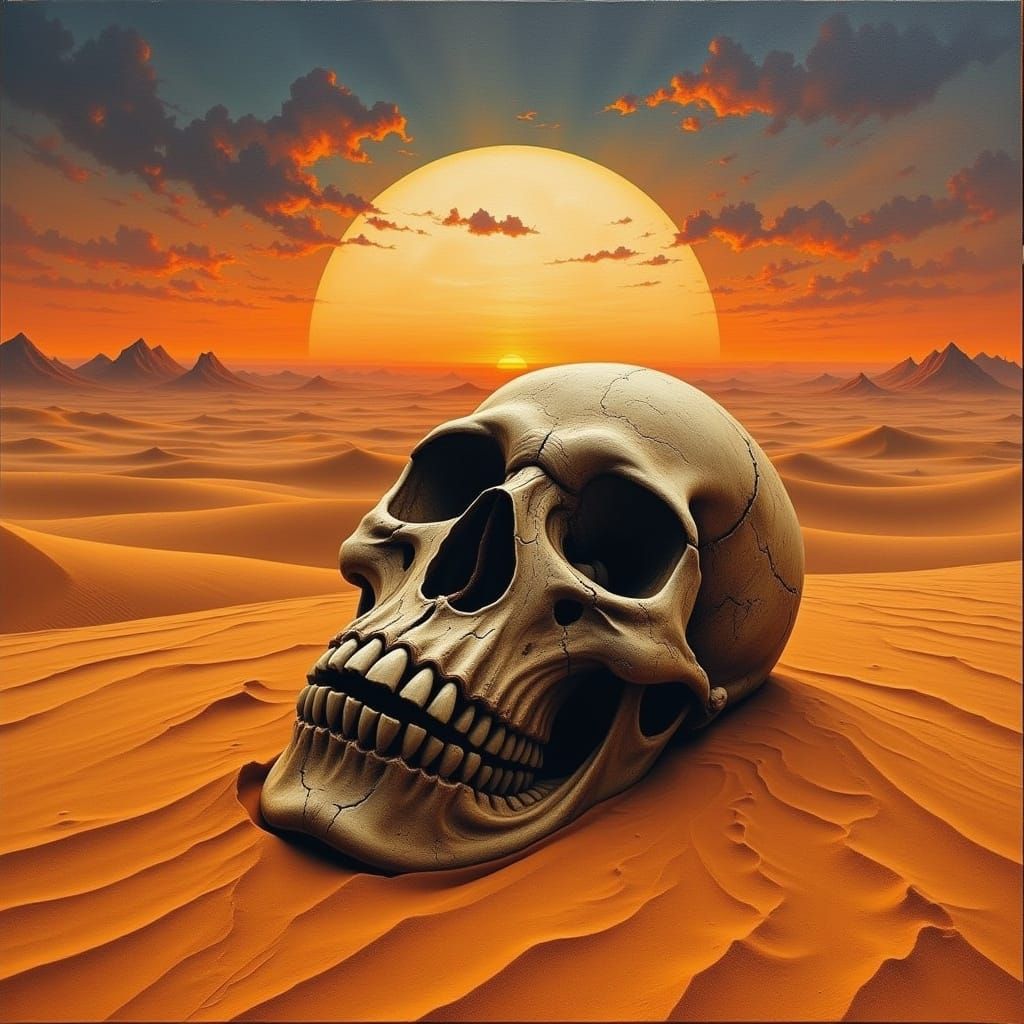 Antique Skull in Desert Sand at Sunset