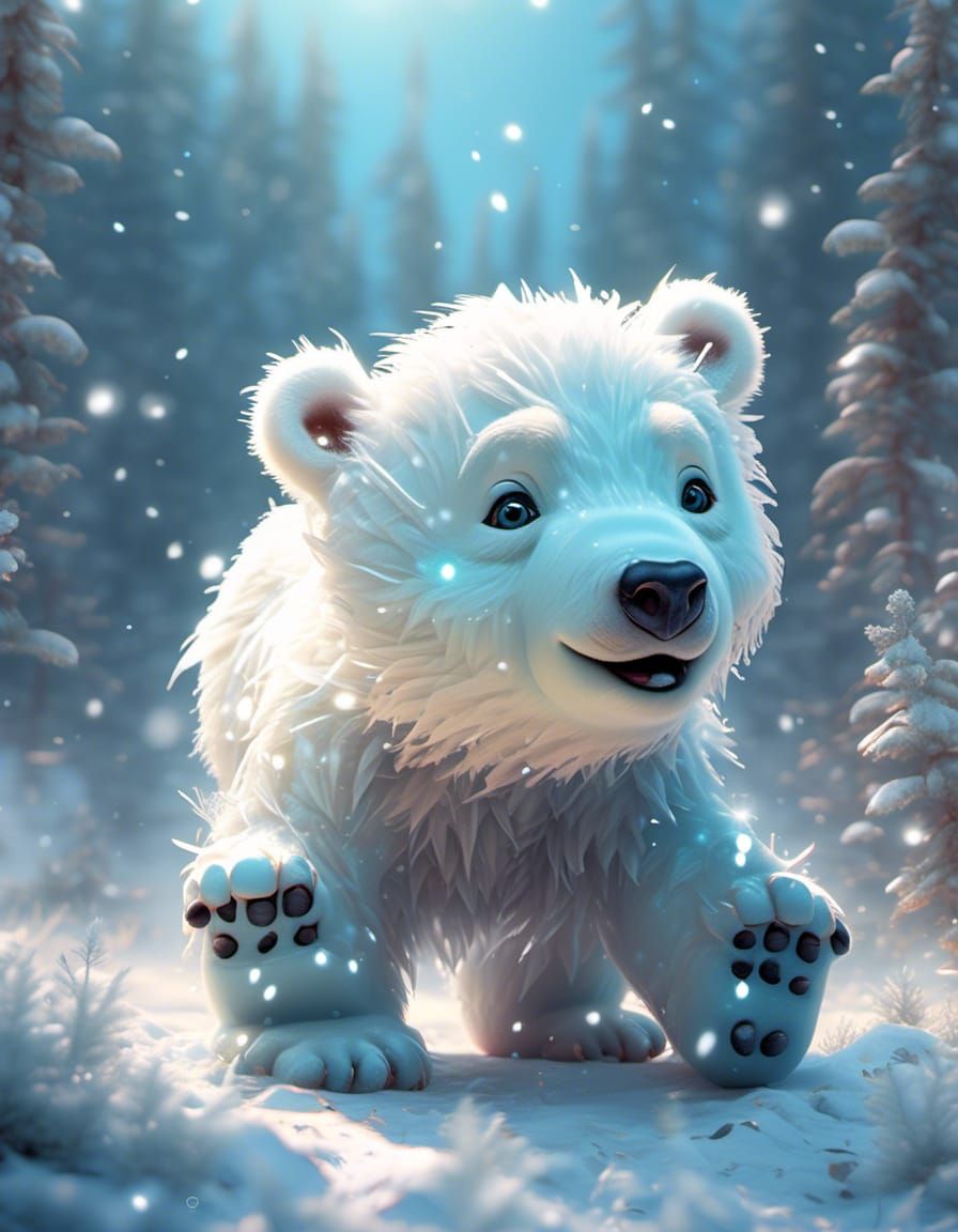 Cute Ice Bear Cub Playing in Winter Wonderland