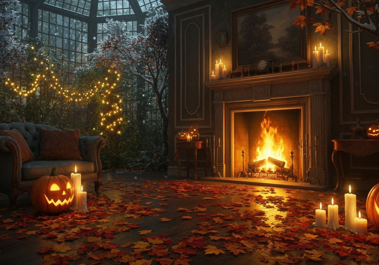 Victorian Living Room Halloween Scene with Fireplace and Aut...