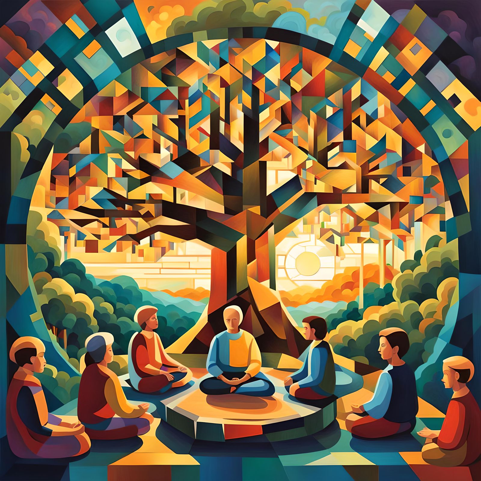 Cosmic Treehouse Meditation Scene in Cubist Style