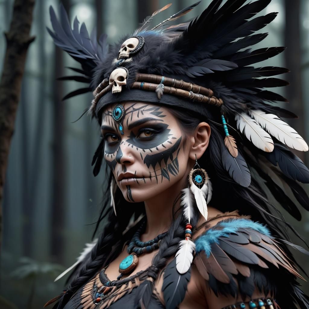 Ominous Raven Wolf Shaman Warrior in Dark Forest