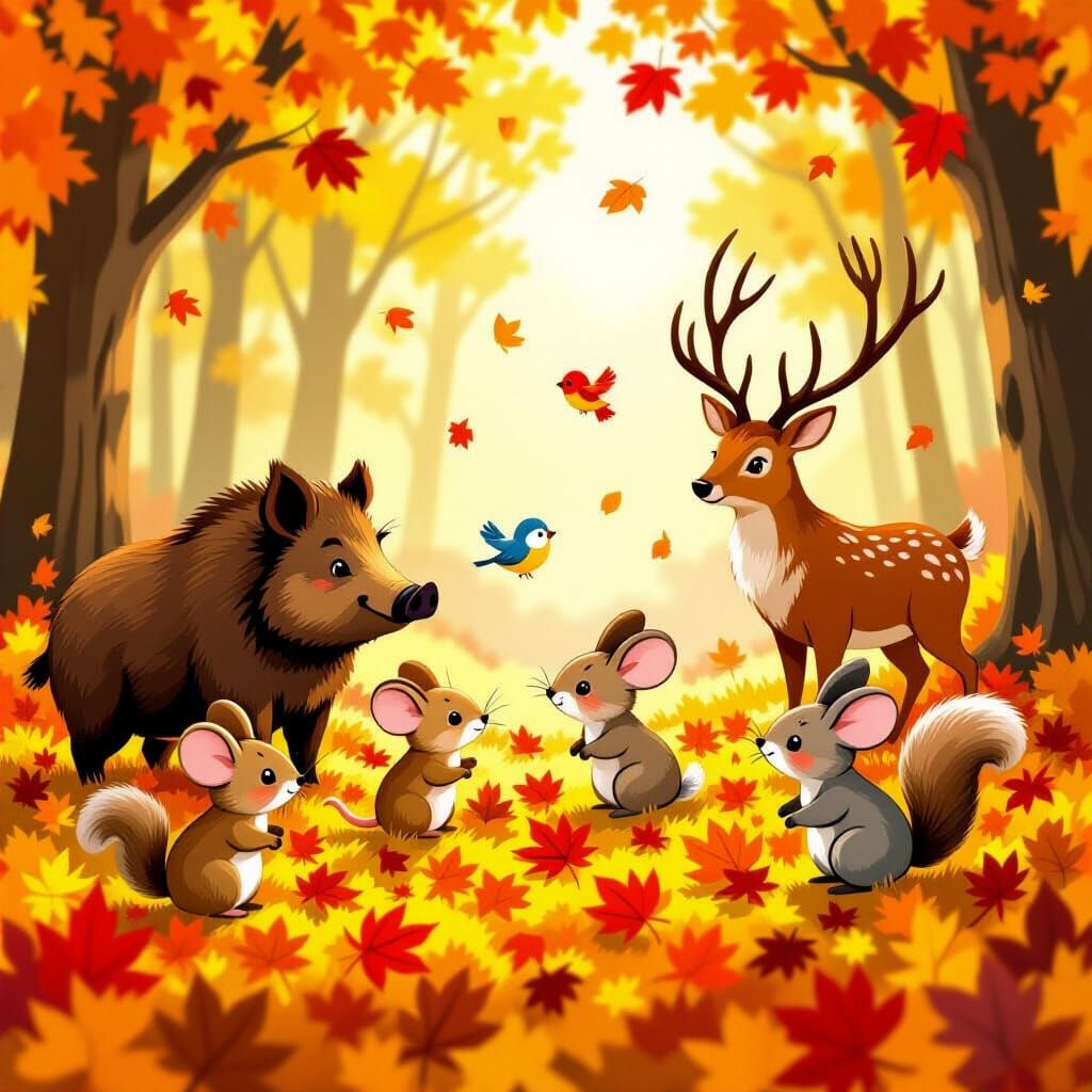 Woodland Animals Frolic in Autumn Leaves: Storybook Style
