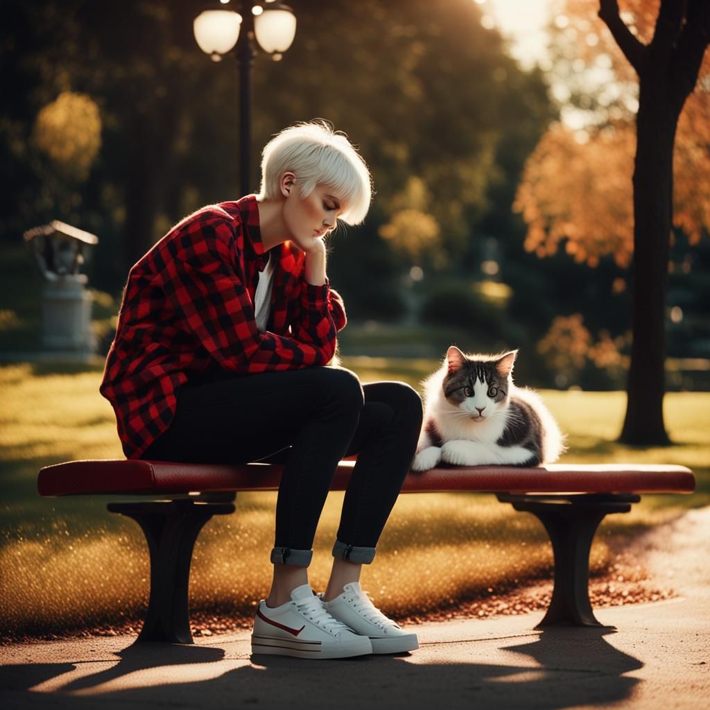 Girl with Cat on Bench, Cinematic Film Still
