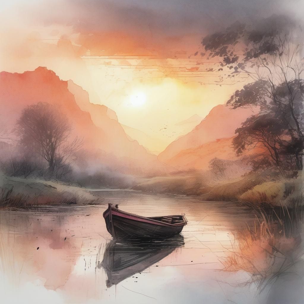 Boat on River at Sunrise: Watercolor Illustration