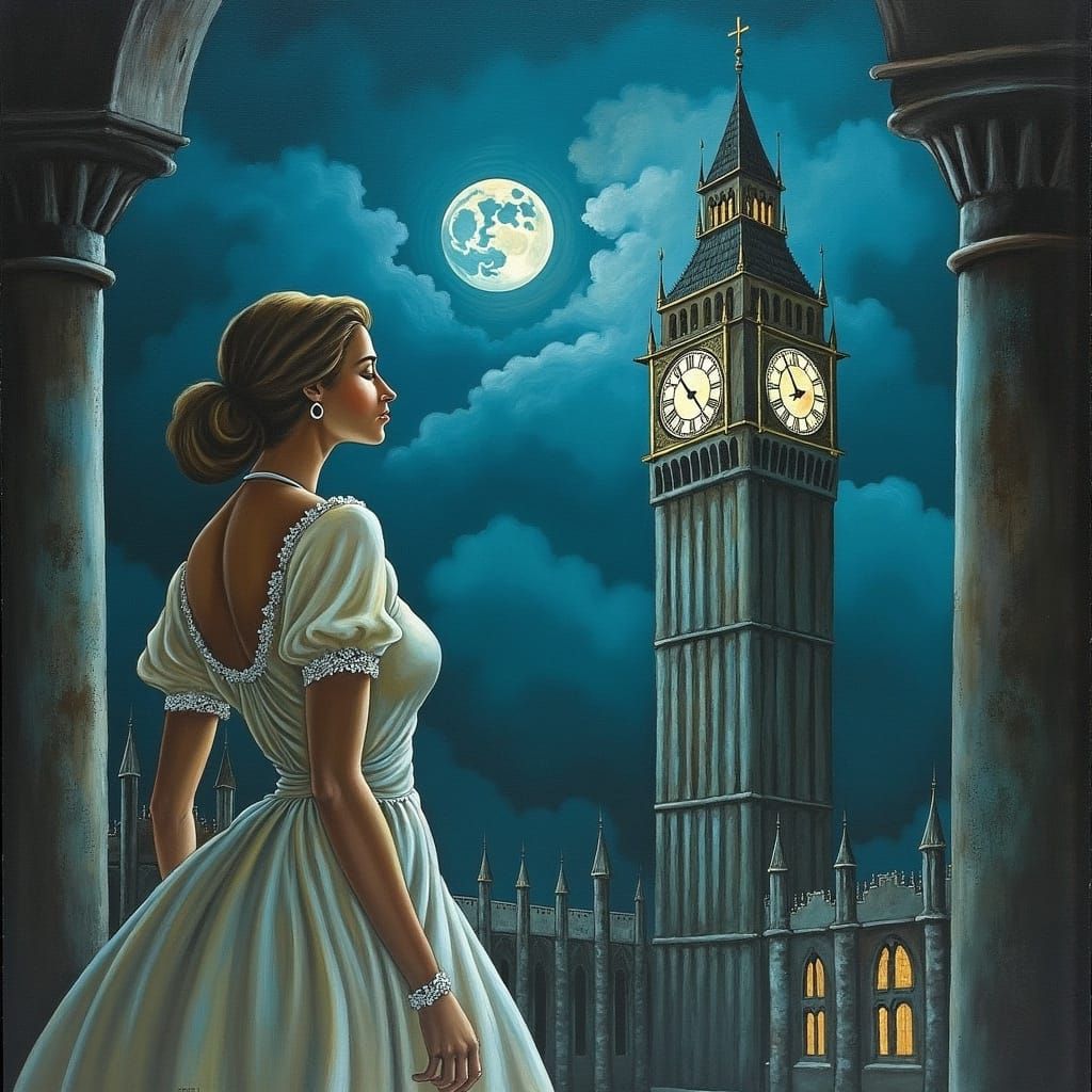Moonlit Victorian Woman and Clock Tower