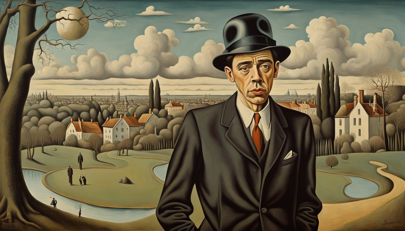 Jacques Brel in Surrealist Style as Oil Painting