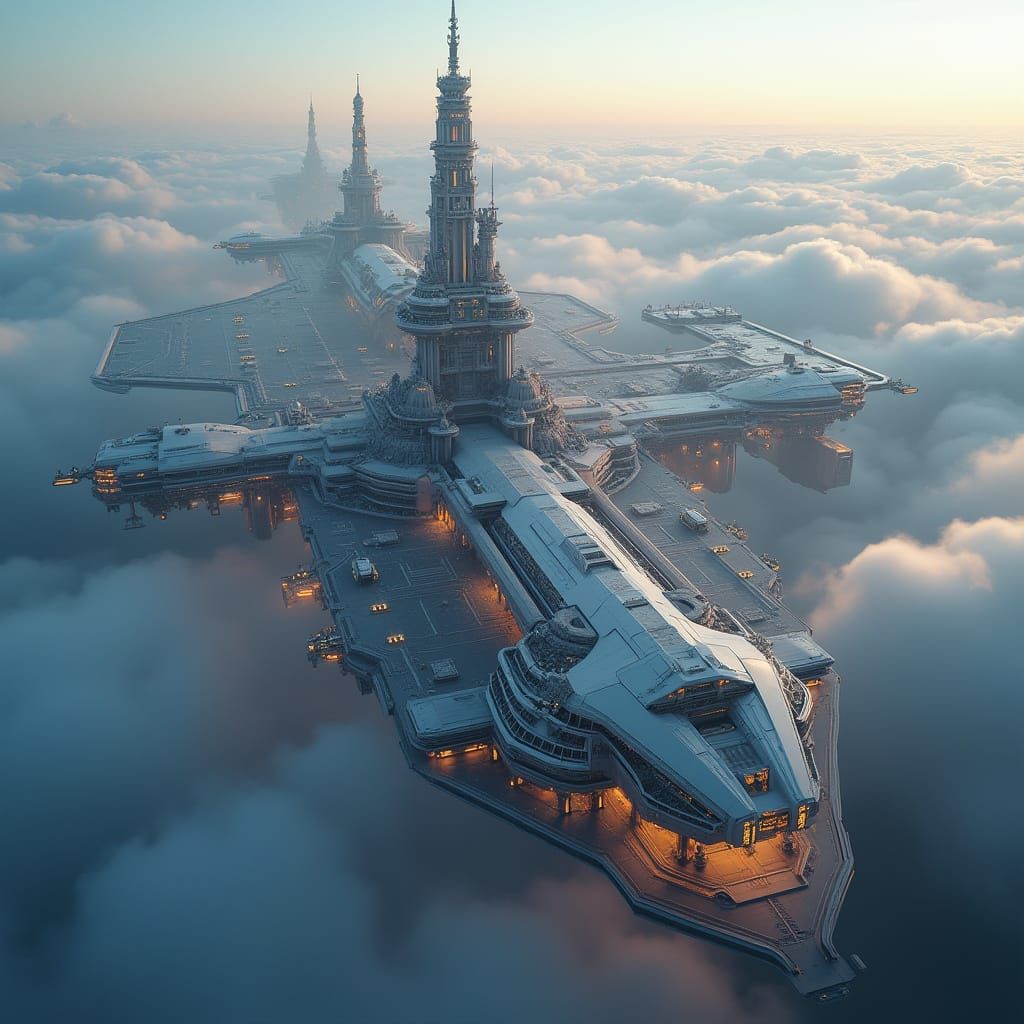 Futuristic Aerial Spaceport with Sleek Spacecrafts