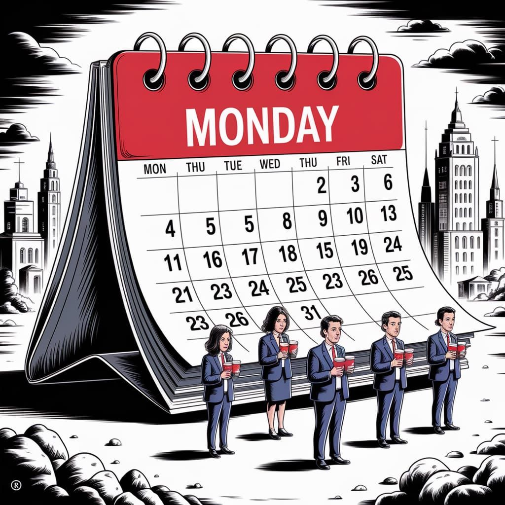 Monday Dread: Giant Calendar Looms Over Tired Workers