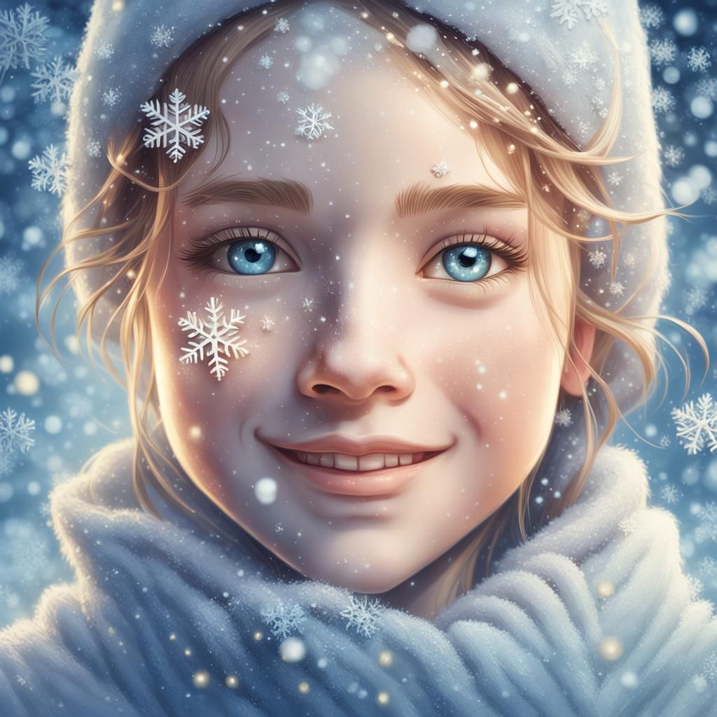 Snowflakes on Smiling Girl: Whimsical Fantasy Portrait