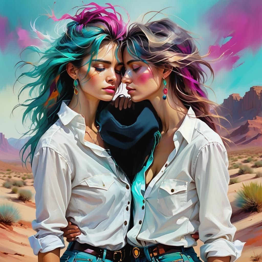 Women Kissing in Desert: Hyperdetailed Portrait