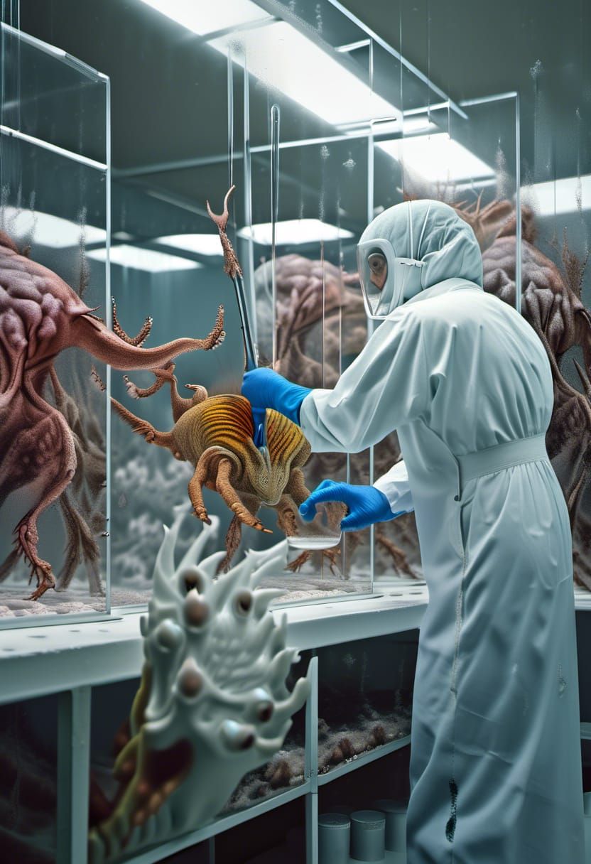 Surreal Lab Scene with Bizarre Creatures, Photorealism