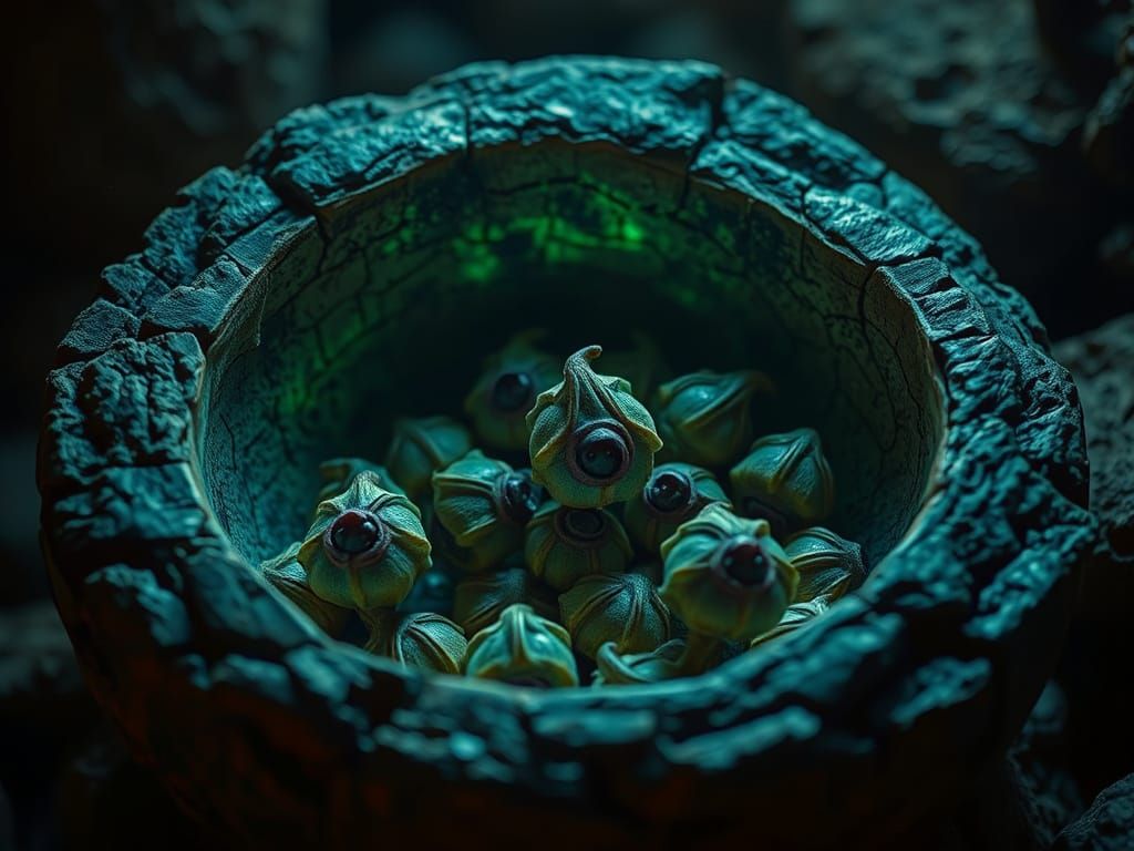 Surreal Alien Seeds in Glowing Stone Bowl